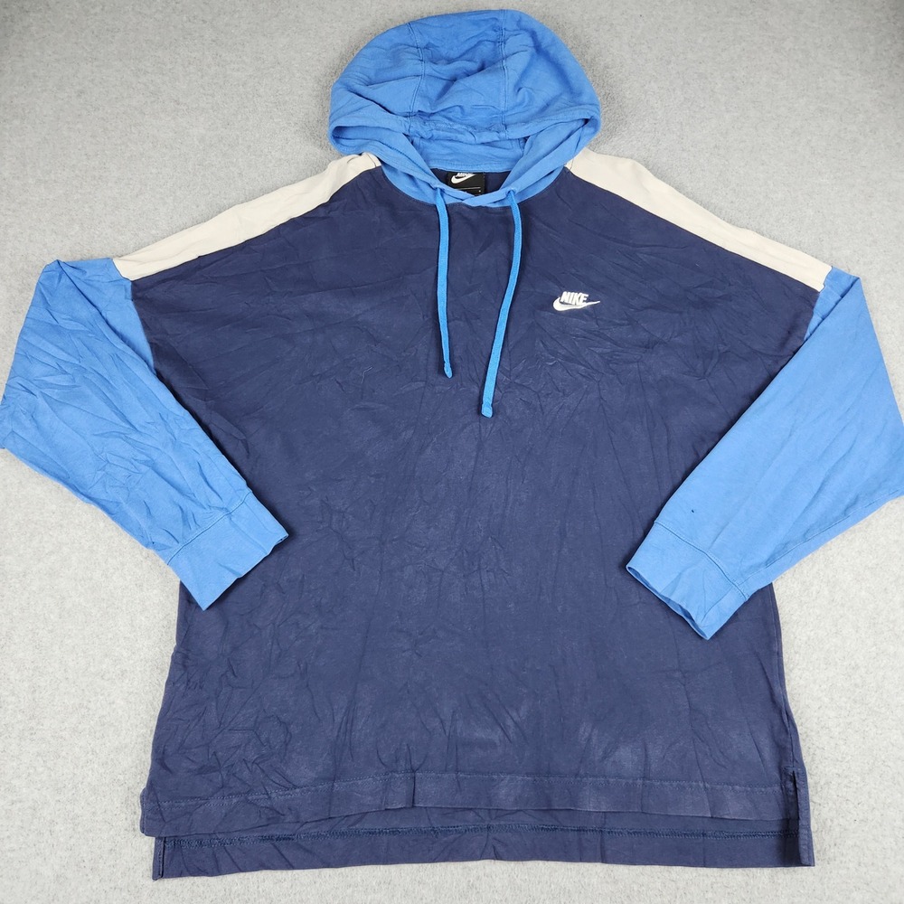 Nike Hooded Shirt Mens L Navy Blue Colorblock Relaxed Fit Long Sleeve Pullover